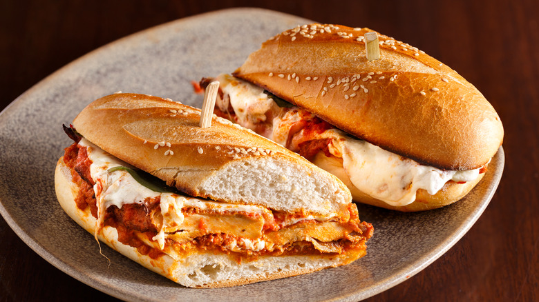 A chicken Parmesan sandwich on a plate