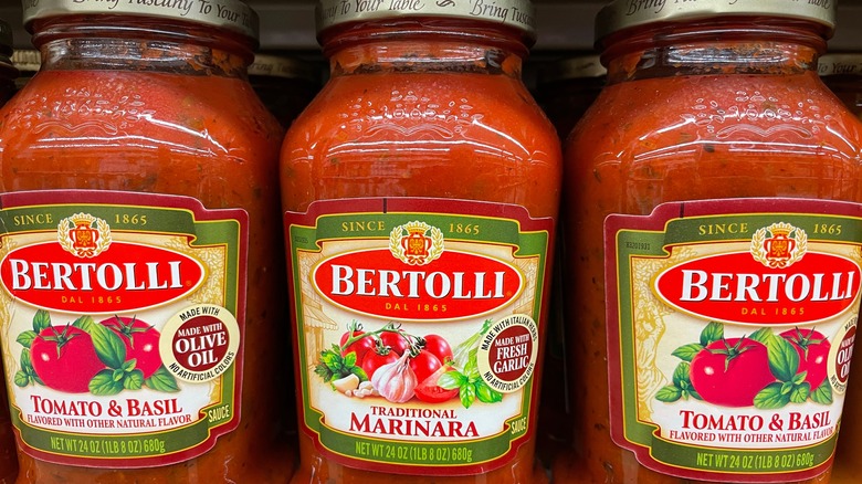 Bertolli tomato sauces on supermarket shelf