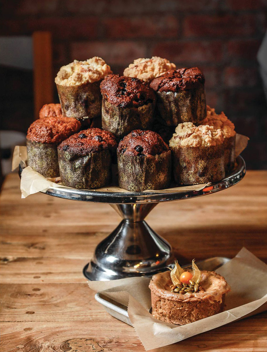 Red Barn Bakery, Irvington; redbarn-bakery.com Platter of assorted muffins made with organic ingredients; vegan pumpkin cheesecake with oatmeal cookie crumble and a goldenberry