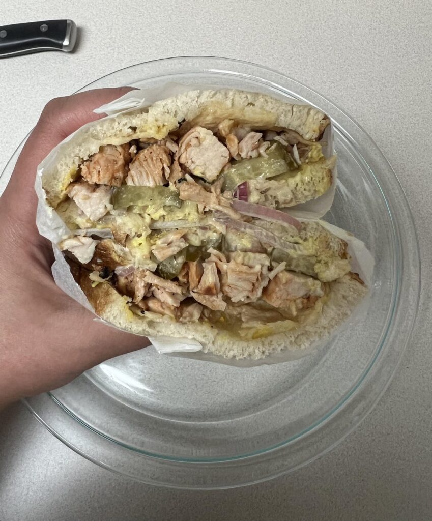 Filling is basically chicken and pickles. Obsessed with parchment wrapping my sandwiches