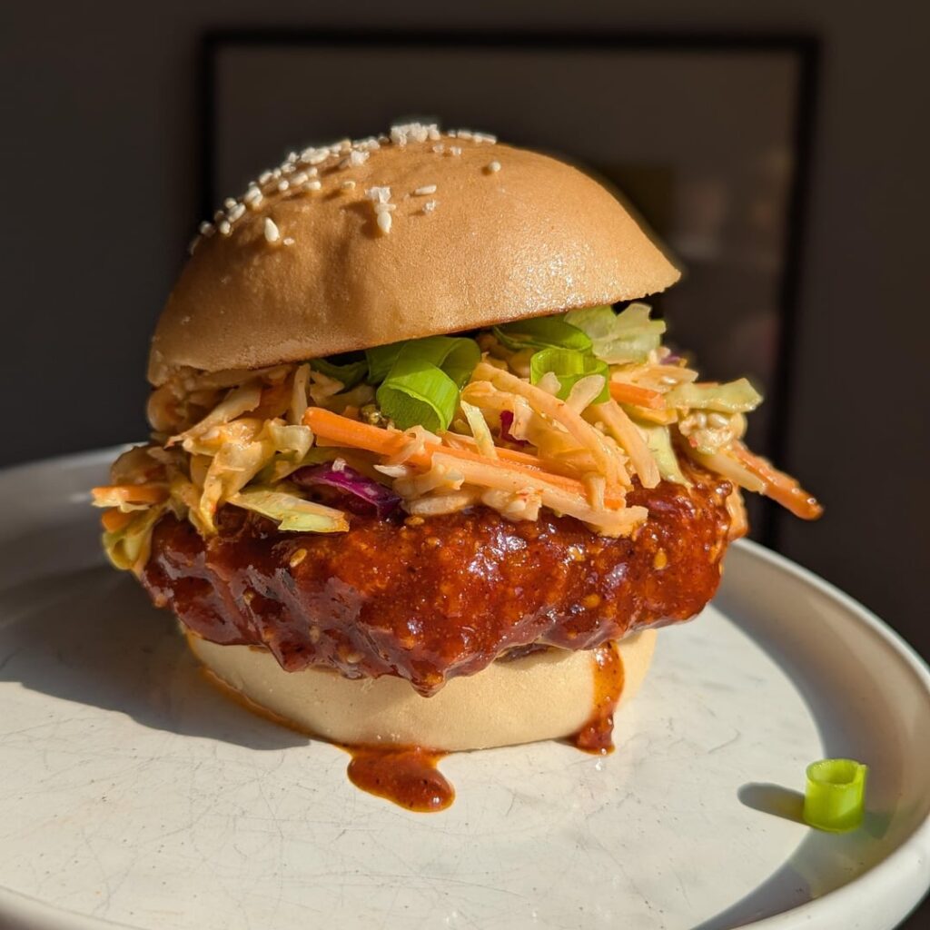 crispy spicy sweet sesame BBQ sandwich.