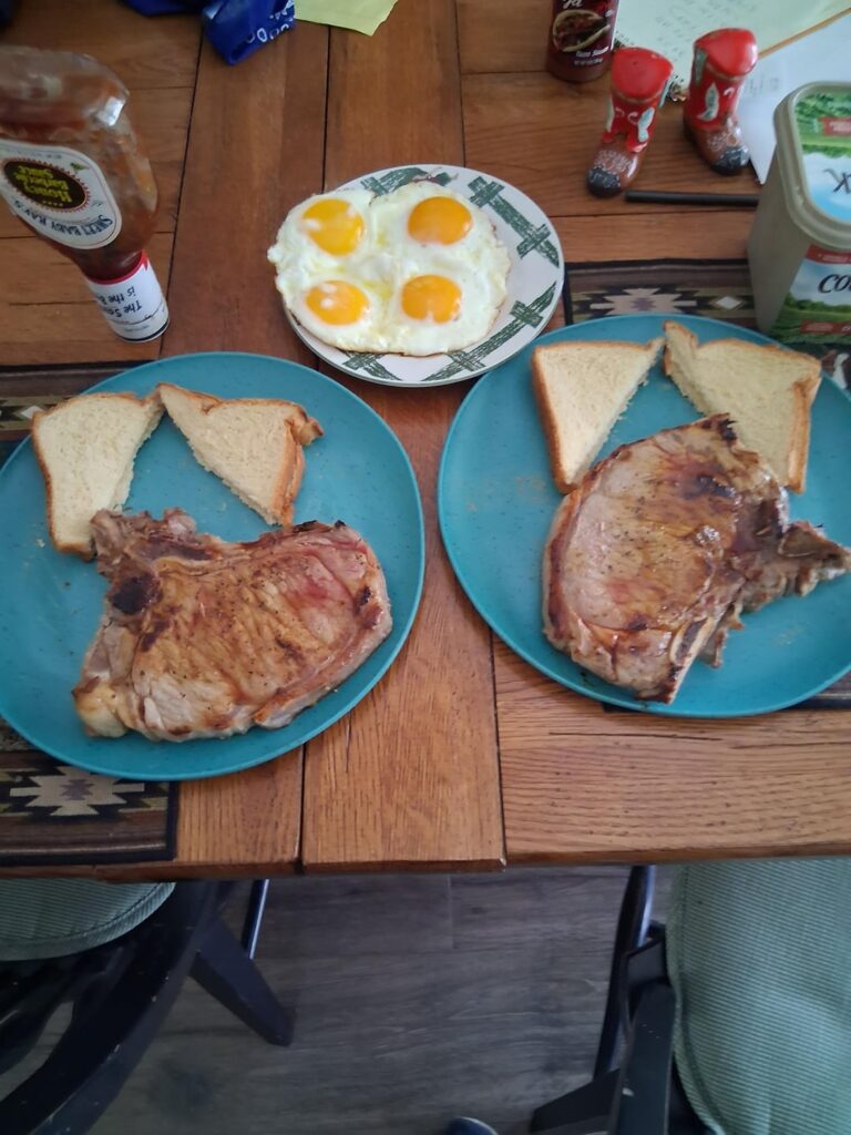 Extra rare t-bone,Mostly raw eggs and light toast.