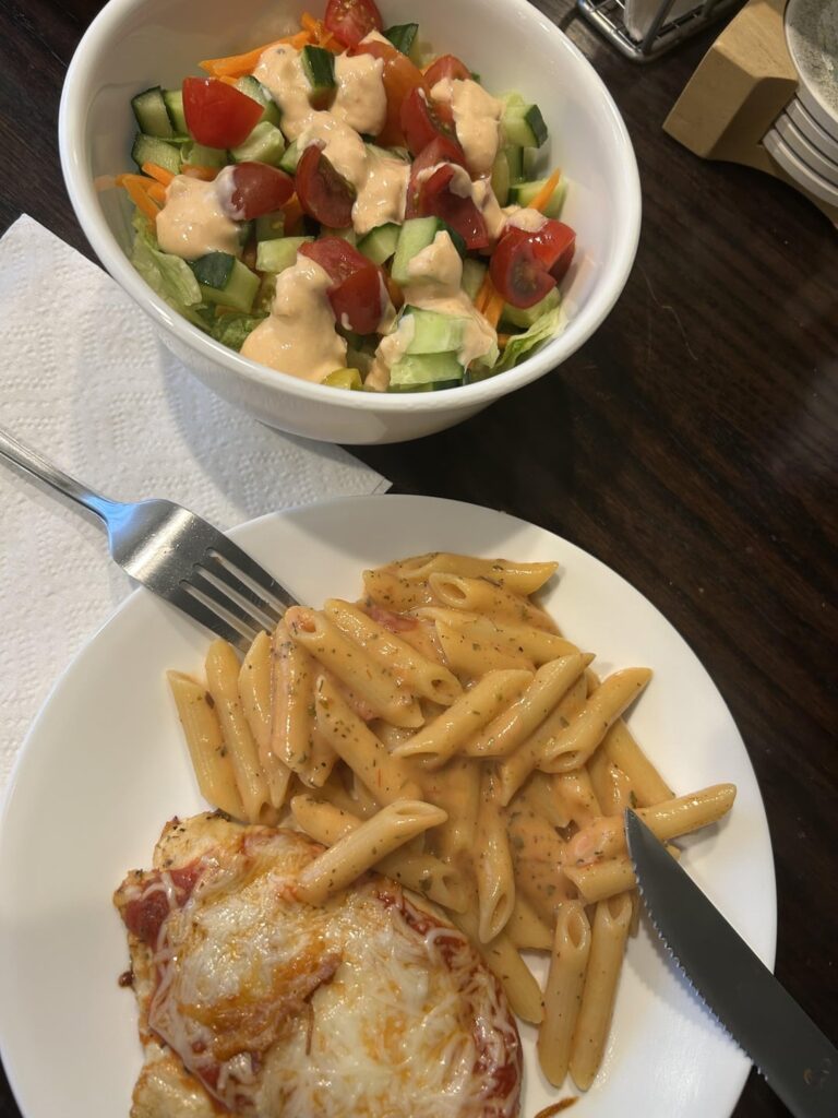 Chicken parm (lightened), pasta, and salad
