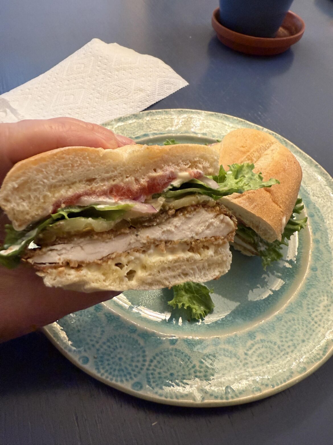 What should I call this bad boy? Homemade chicken cutlet, pickled jalapeños smothered with melted, smoked Gouda, LTO, S/P, mayo.