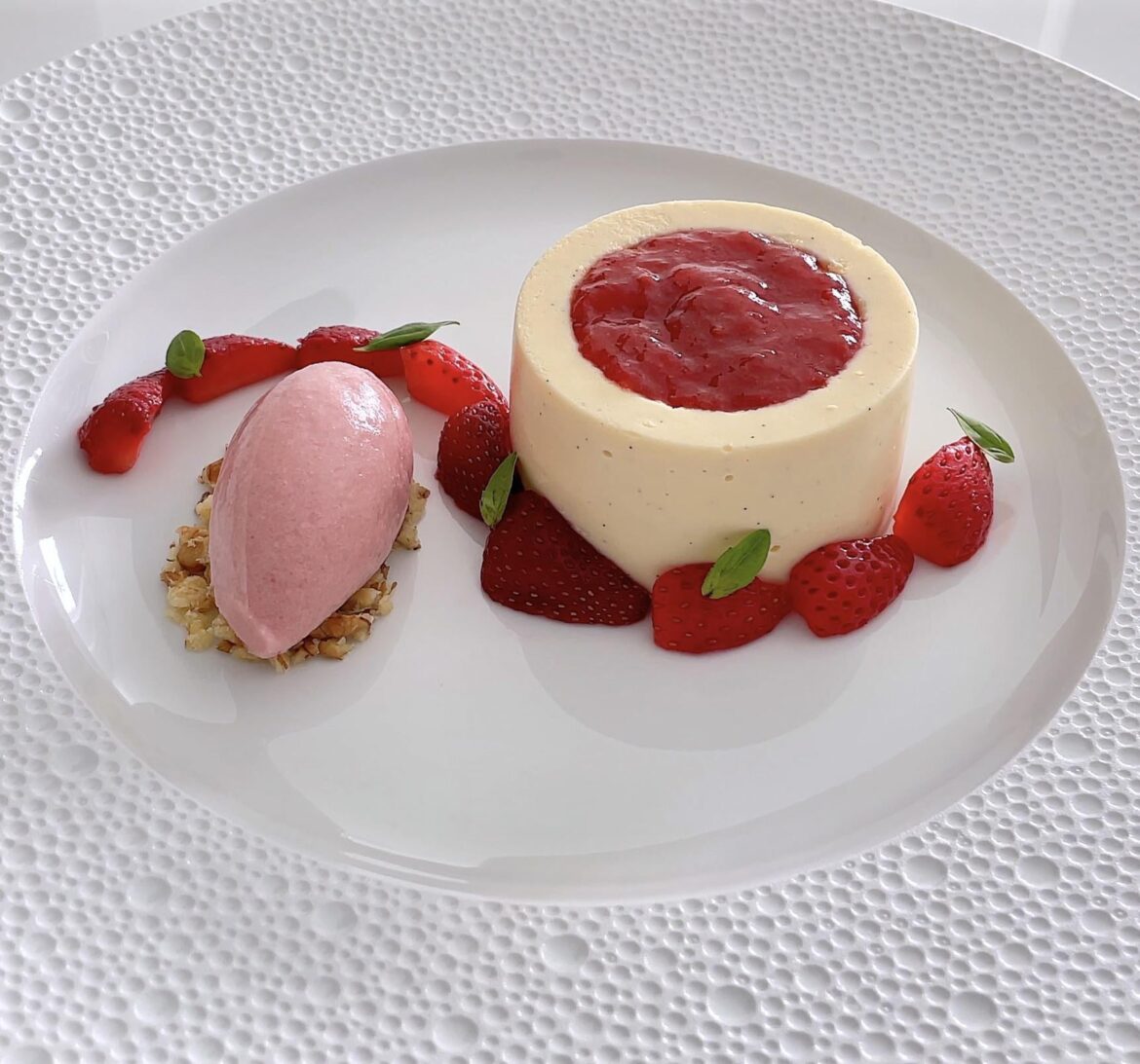 Vanilla Mousse Cake with Strawberry Ice Cream, Strawberry Compote & Macerated Strawberries