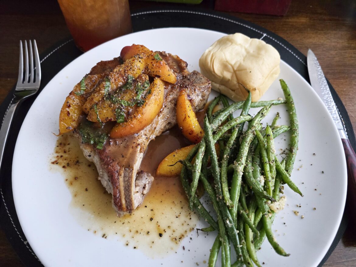 Pork Chops with Fresh Peaches and Basil and roasted green beans