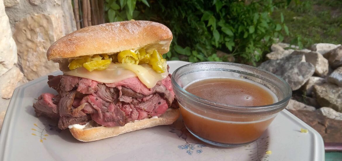Grilled Santa Maria Tri-tip French Dip with pepperoncinis