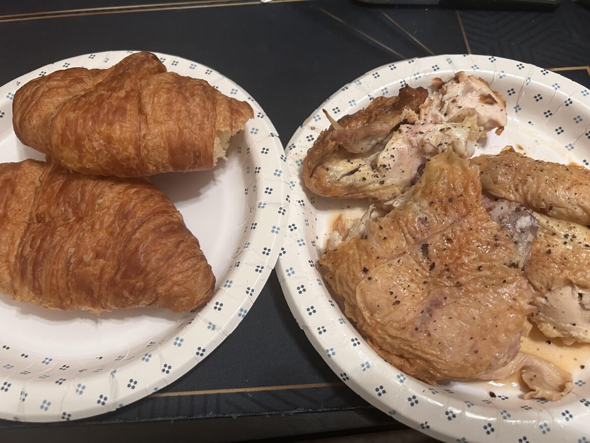 Does two hacked up rotisserie chicken wings and some croissants count?