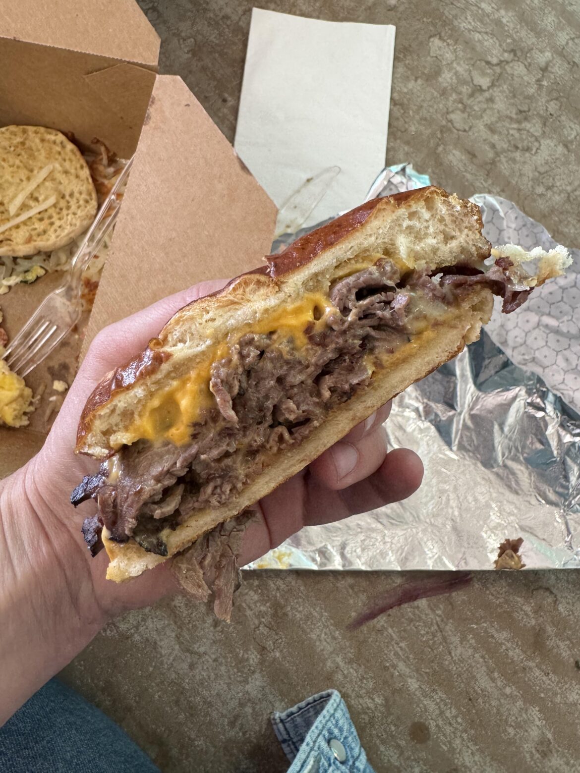 Sandwich special at the local cafe. Roast beef melt.