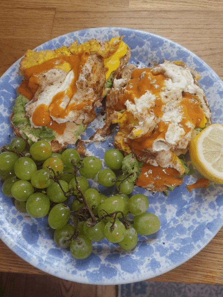 Eggs and avocado on toast. I couldn't finish it. The hot sauce made it unsalvageable