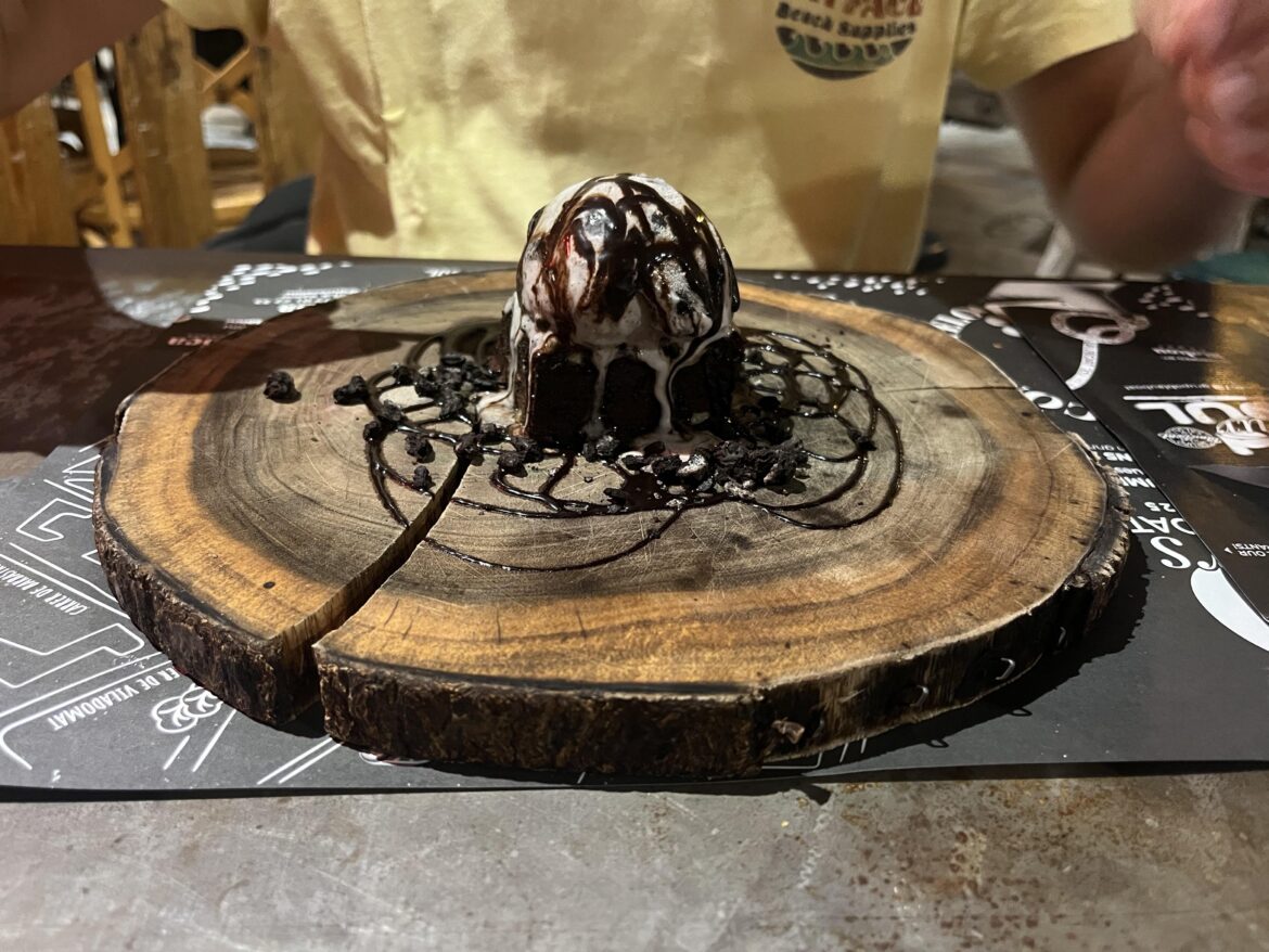 Brownie and Ice cream on a slice of wood with a big crack in it
