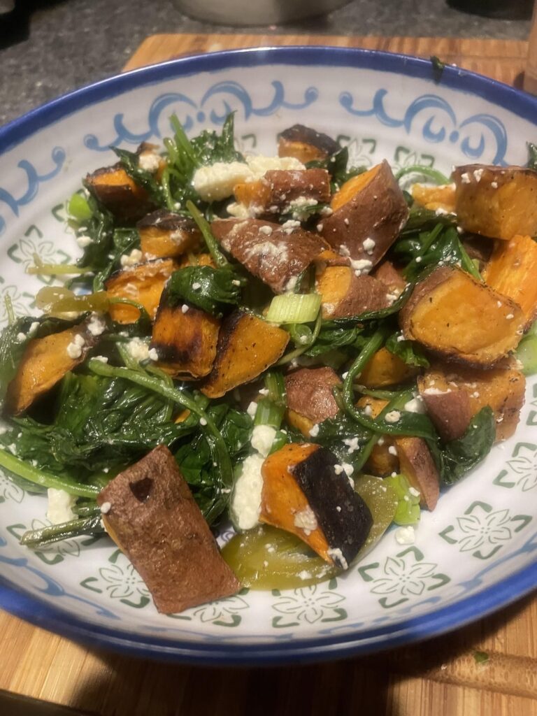 Roasted sweet potatoes and spinach with feta and jalepenos (NYT recipe)