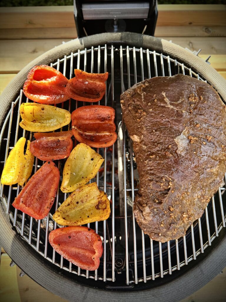 Skirt steak, charred veg fajitas