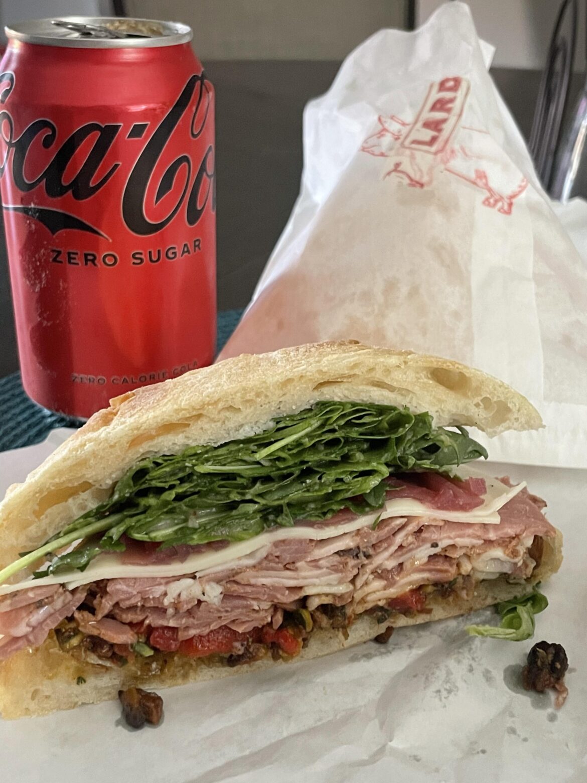 The Gabagool special from Lardon, so many layers or flavor: House-cured pork shoulder, marinated red peppers, provolone, herbed pistachio aillade, pickled red onions, arugula