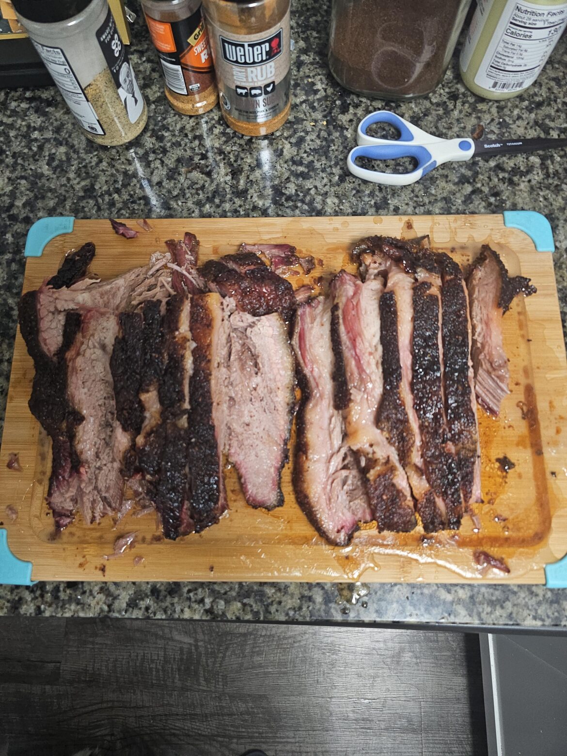 First brisket attempt. Definitely need to sharpen my knife and work on my slicing technique but it was J U I C Y