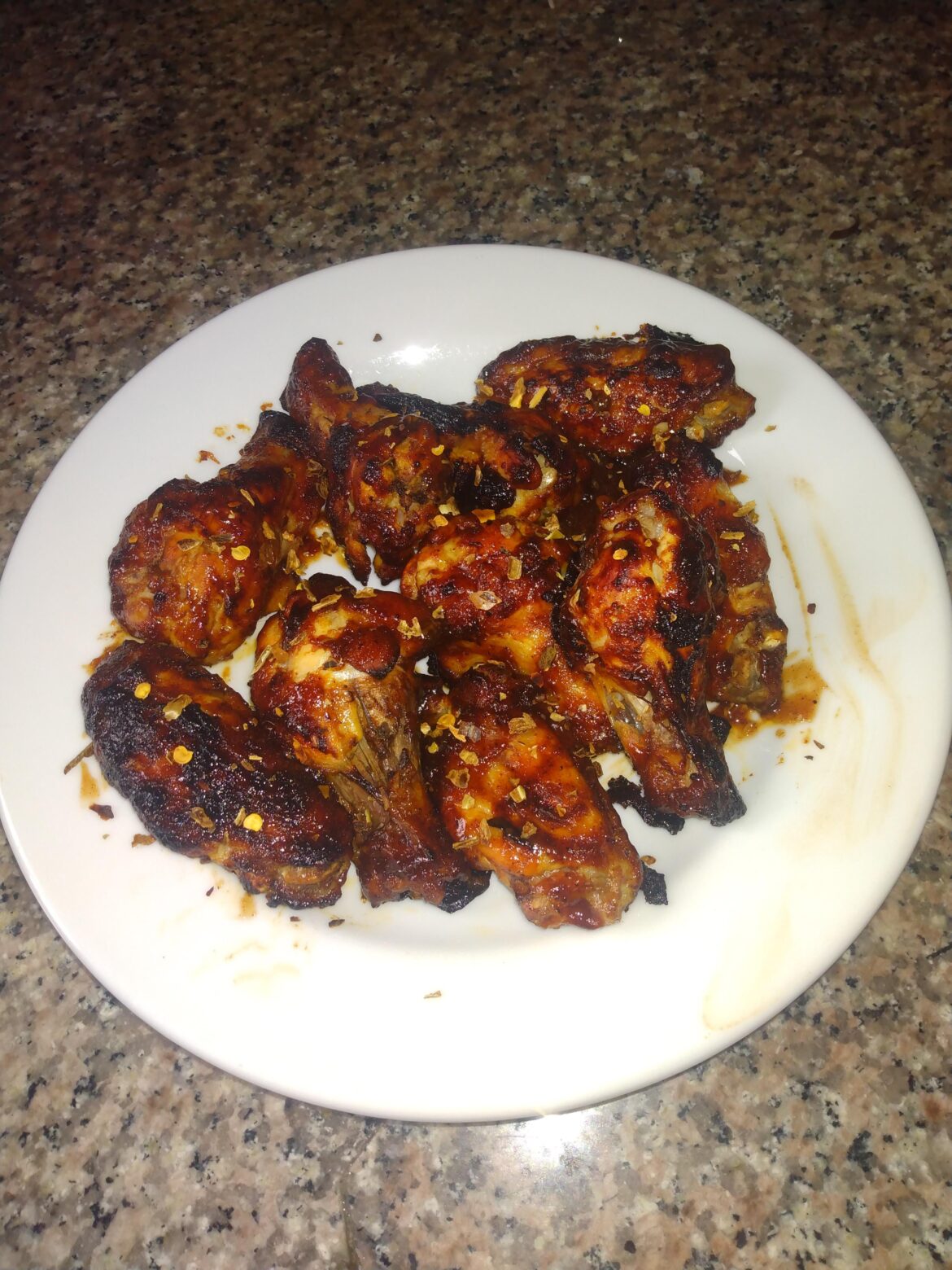 Homemade honey BBQ with a bit of garlic and Hatch chili flakes.