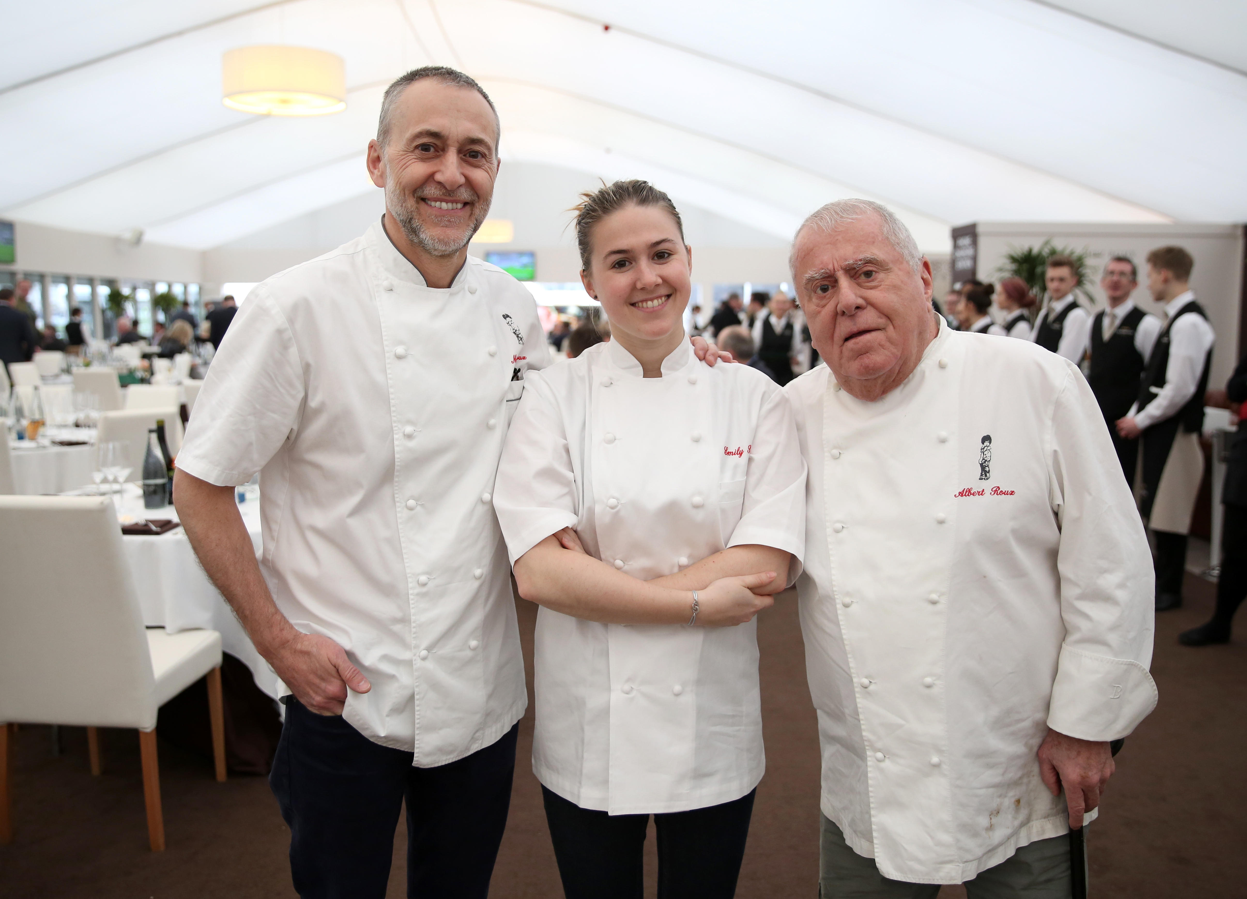 Michel Roux Jr (left) Emily Roux (centre) and Albert Roux in the Chez Roux restaurant during Gold Cup Day at the 2016 Cheltenham Festival at Cheltenham Racecourse.