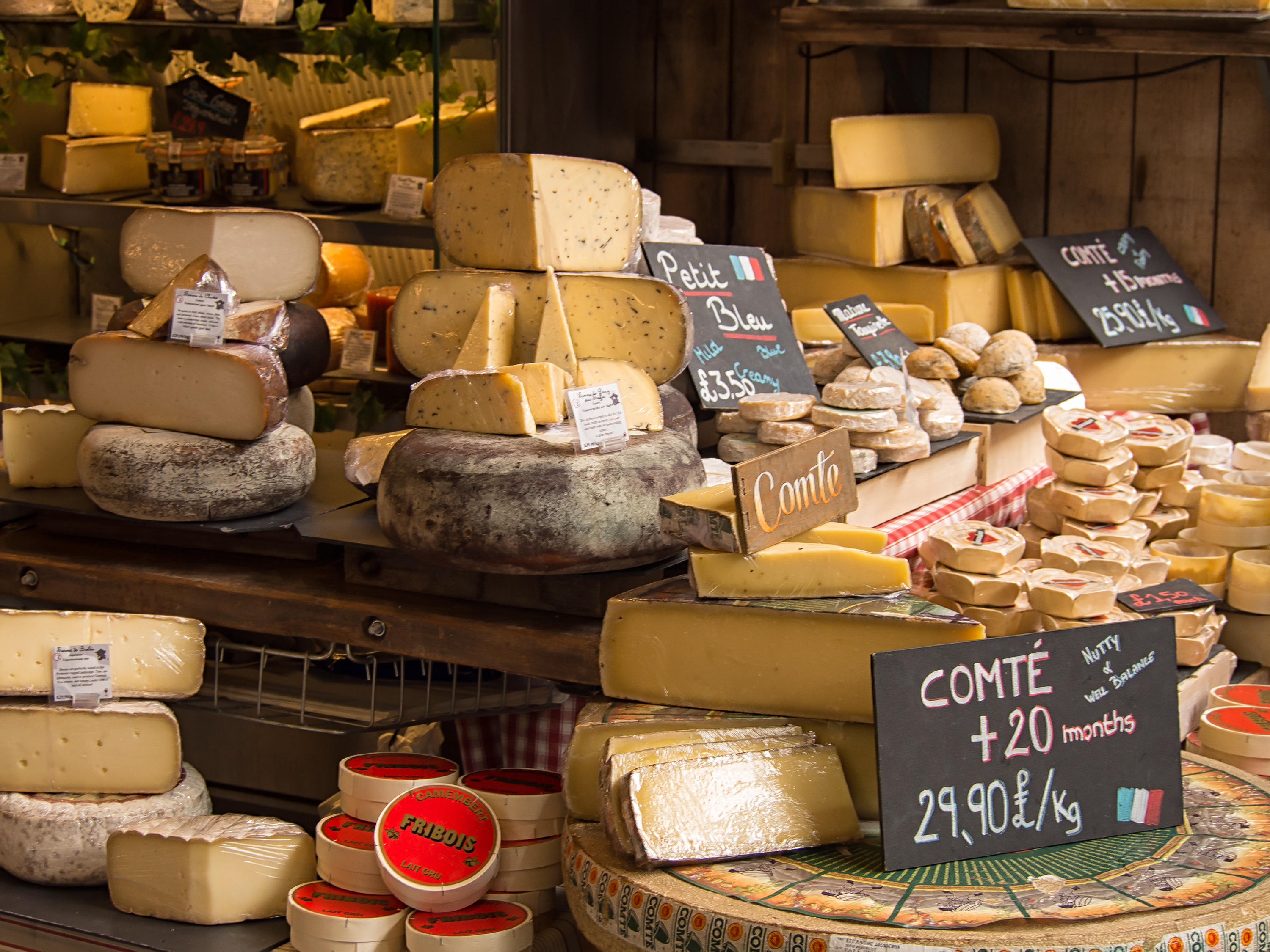 Cheese display at Borough Market.