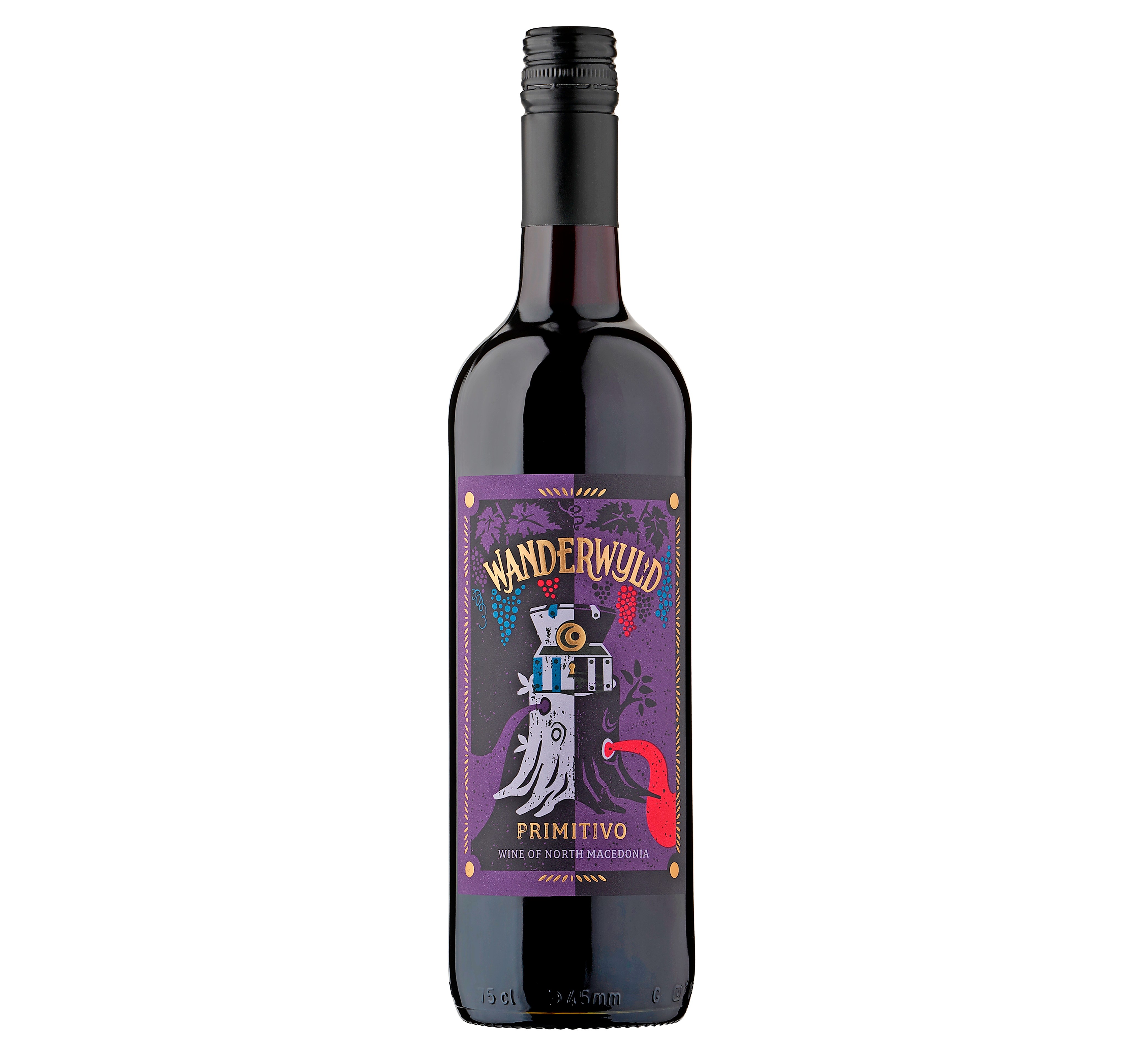 Bottle of Wanderwylde Primitivo wine from North Macedonia.