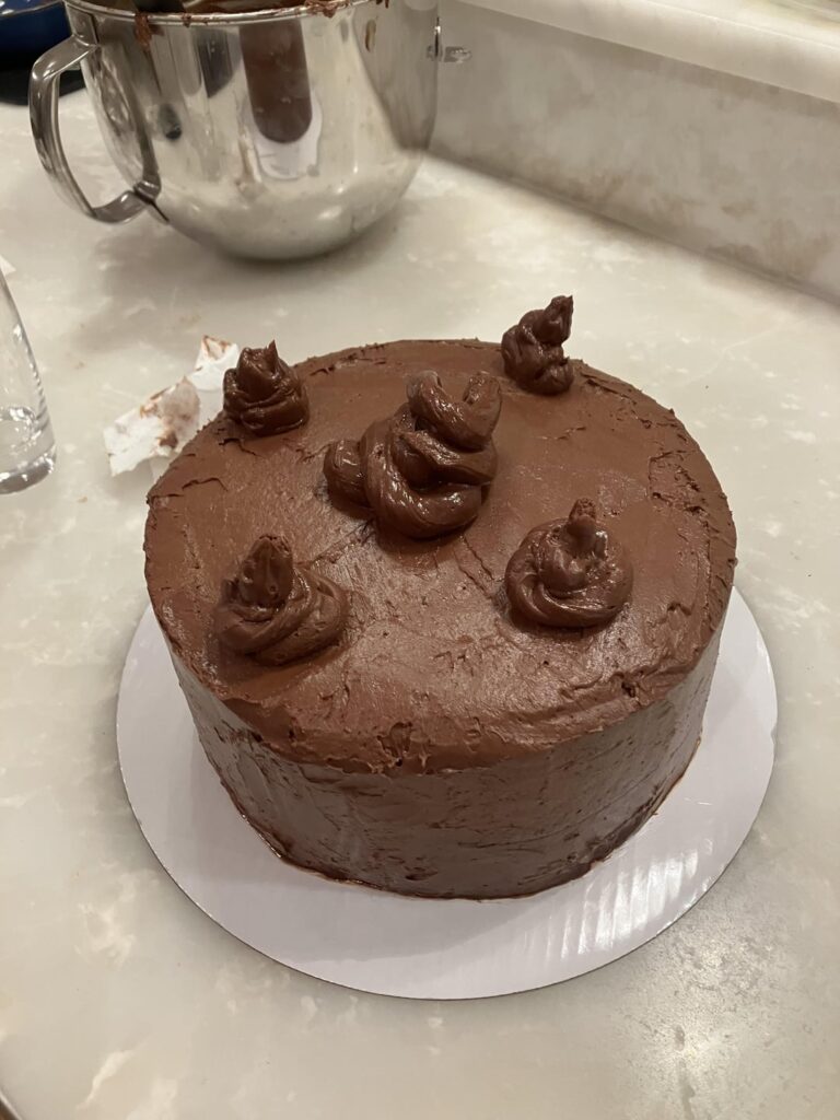 Chocolate cake attempt (I didn’t have a piping bag so i cut a slit in a ziplock bag) also it was for a school party