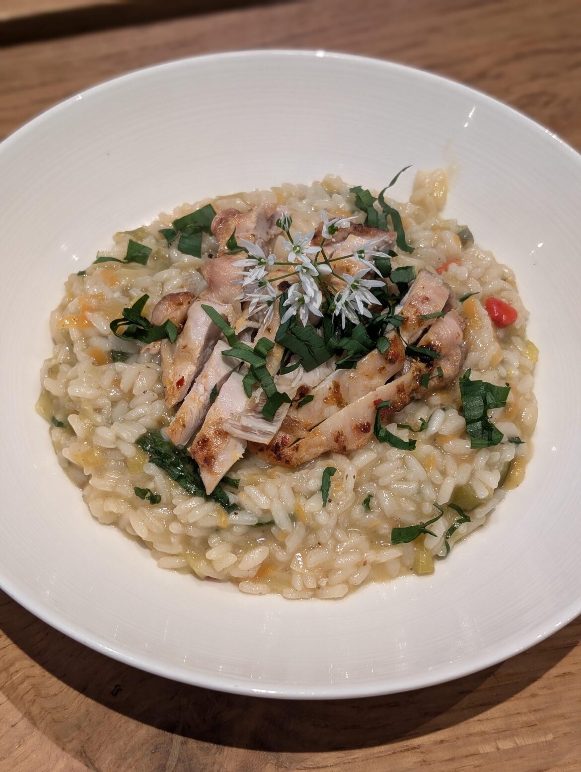 Leek and chicken risotto with wild garlic from the garden