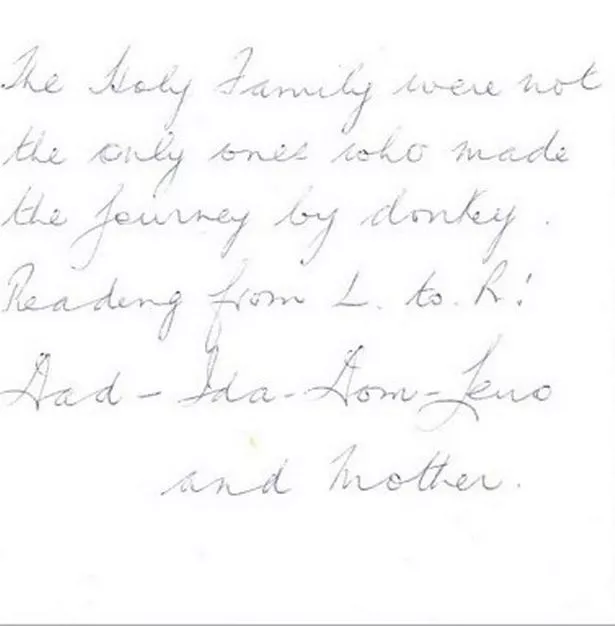 A note written by Ida's sister accompanies the family portrait of her parents and siblings in her photo album. The note reads: "The holy family were not the only ones who made the journey by donkey."