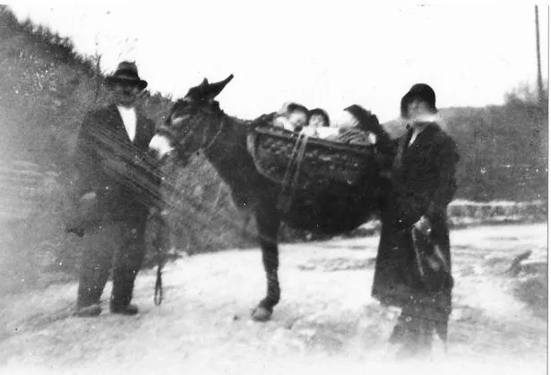 Rural life could be difficult in Italy and many searched for a better life. Pictured is Attilio and his wife Maria on a visit home to Bardi, Italy. A young Ida and her brother are sat in the basket.
