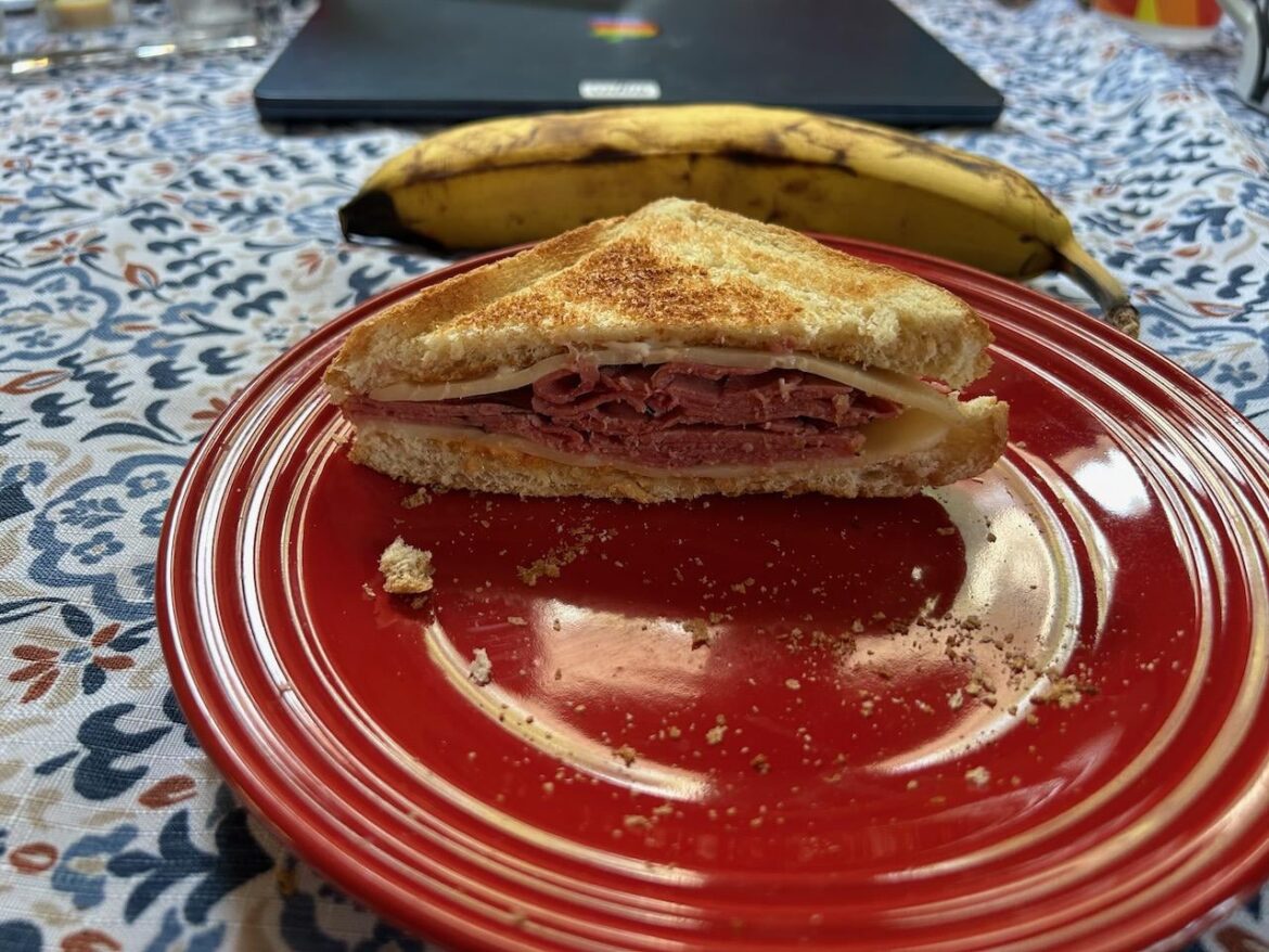 Fooben: Shaved Roast Beef on toast with Mayo, Provolone, Mozzarella, and Pimento Spread