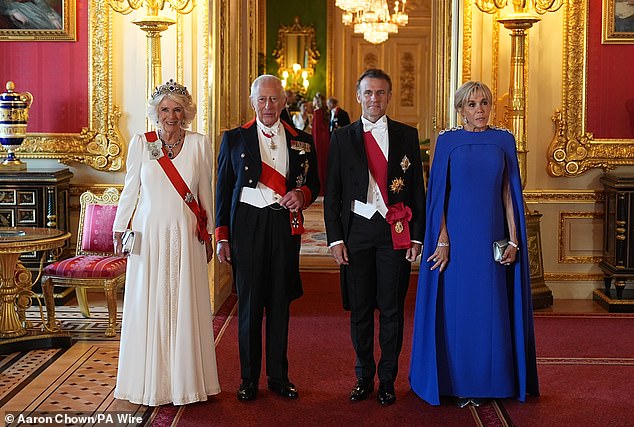 Pictured: Queen Camilla and King Charles with France's President Emmanuel Macron and wife Brigitte arriving for the State Banquet