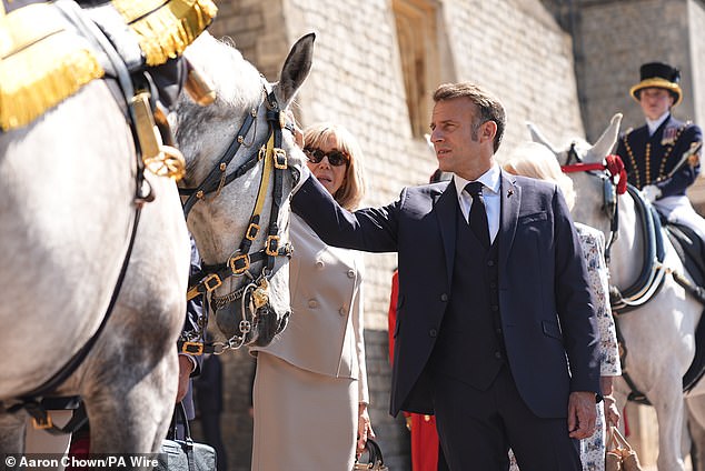 Mr Macron was also seen to inspect the horse, which had been a standard bearer in the French Republican Guard