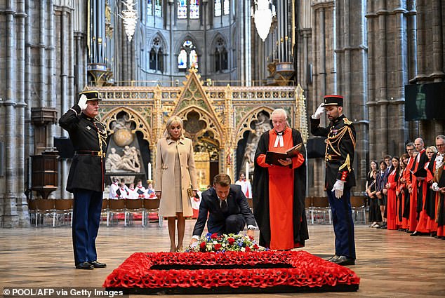 The Prime Minister and the President laid wreaths at the statues of Winston Churchill and Charles de Gaulle - before Mr and Mrs Macron laid a wreath at the Grave of the Unknown Warrior in Westminster Abbey, which contains the body of a British soldier found in France