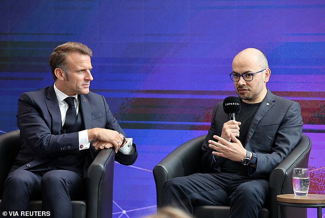 Mr Macron is pictured at Imperial College London next to Demis Hassabis, boss of Google-owned AI firm DeepMind
