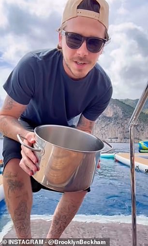 Brooklyn Beckham, 26, left fans disgusted as he shared a video of him cooking a pasta dish using water from the ocean on Instagram on Monday