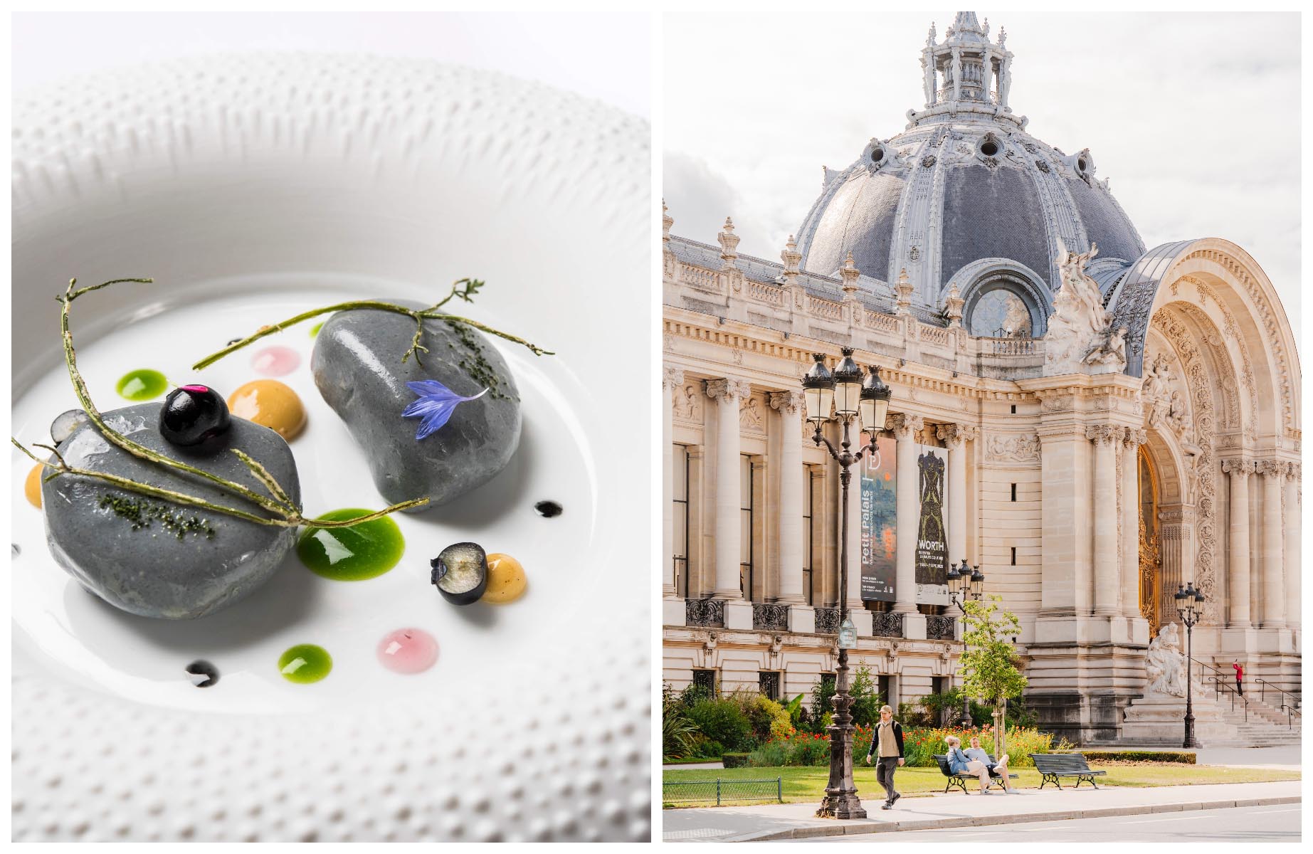 A dish at Le Cinq, helmed by Chef Christian Le Squer at the Four Seasons Hotel George V, and the entrance to the Petit Palais museum. © Anne-Emmanuelle Thion/Le Cinq - Mary Quincy/The MICHELIN Guide