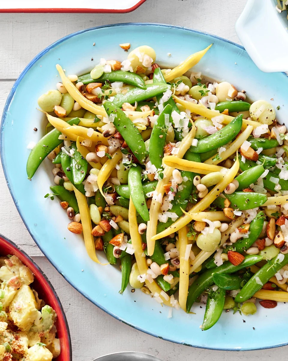 bean salad on a blue platter