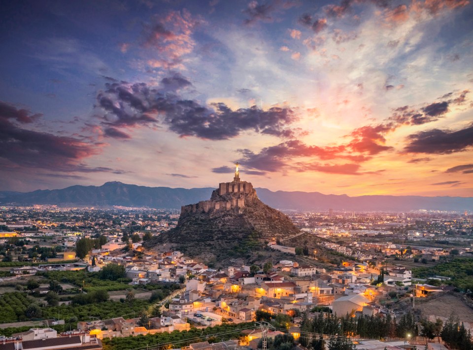 Sunset view of Monteagudo castle in Murcia, Spain.