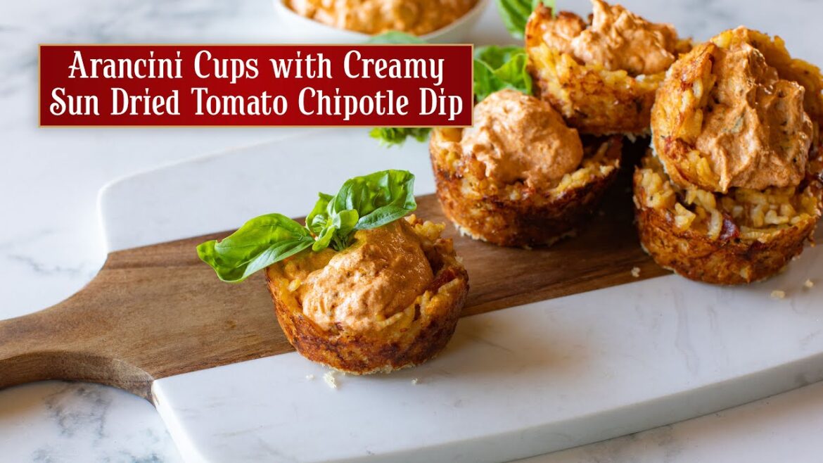 Arancini Cups with Creamy Sun Dried Tomato Chipotle Dip