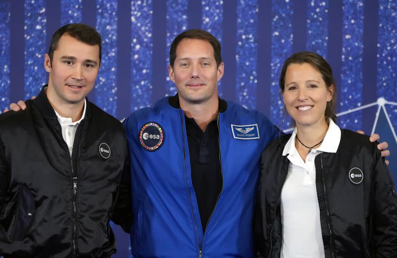 Next generation: ESA's new astronauts Sophie Adenot, right, and Arnaud Prost, left, with French astronaut Thomas Pesquet, in Paris, 23.11..2022