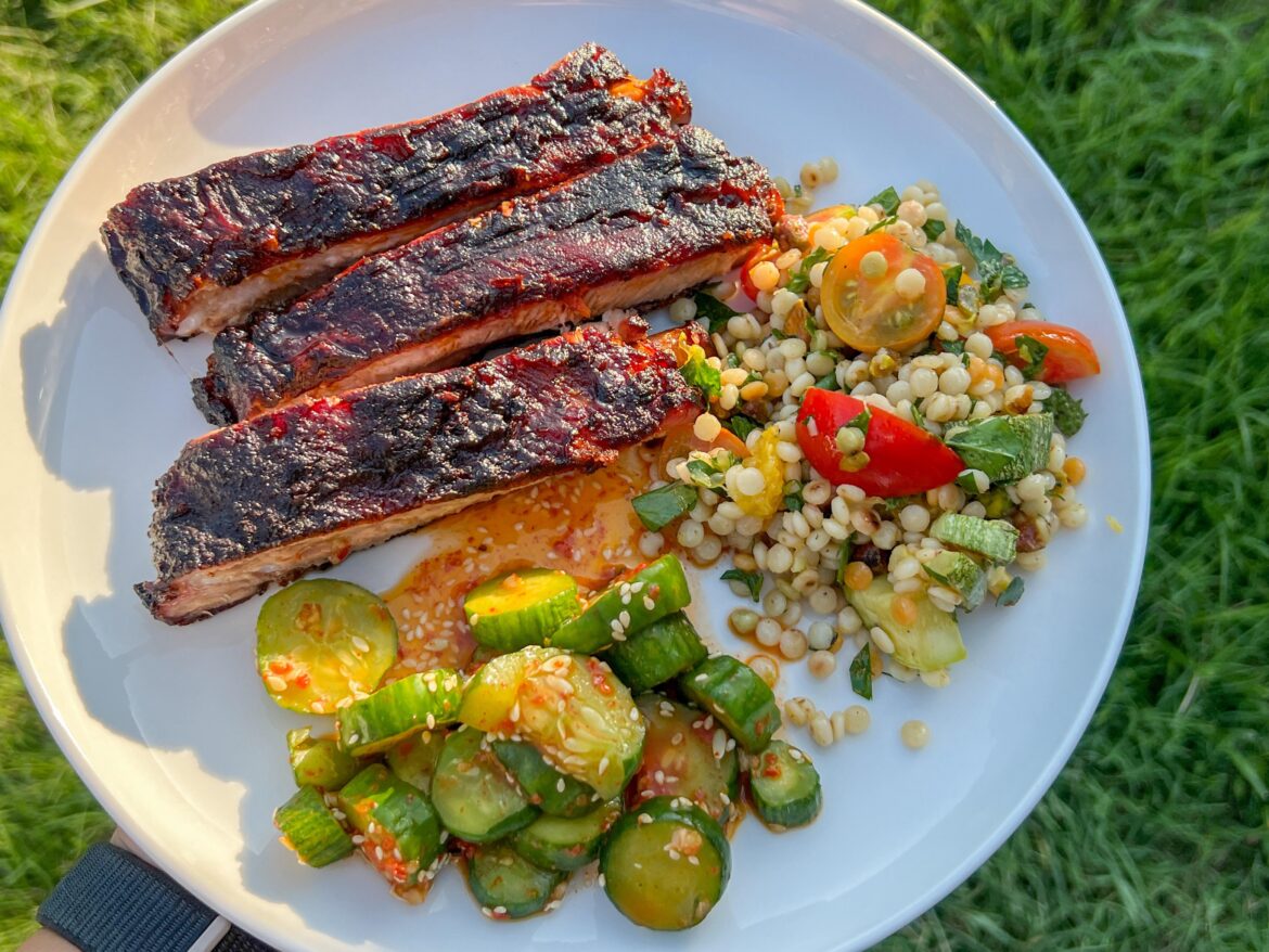 Smoked ribs on the WSM with some homegrown veg