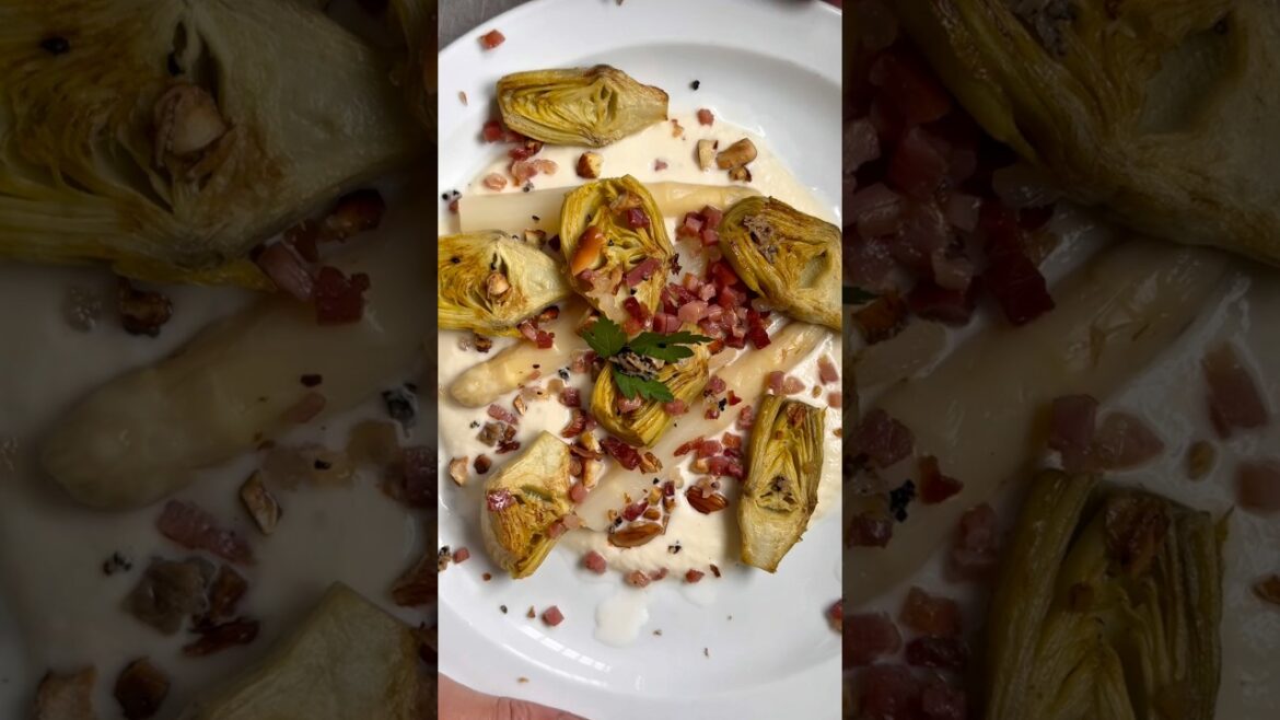 Alcachofas plancha con yemas de espárragos, crema de espárragos,  almendra tostada, jamón y trufa