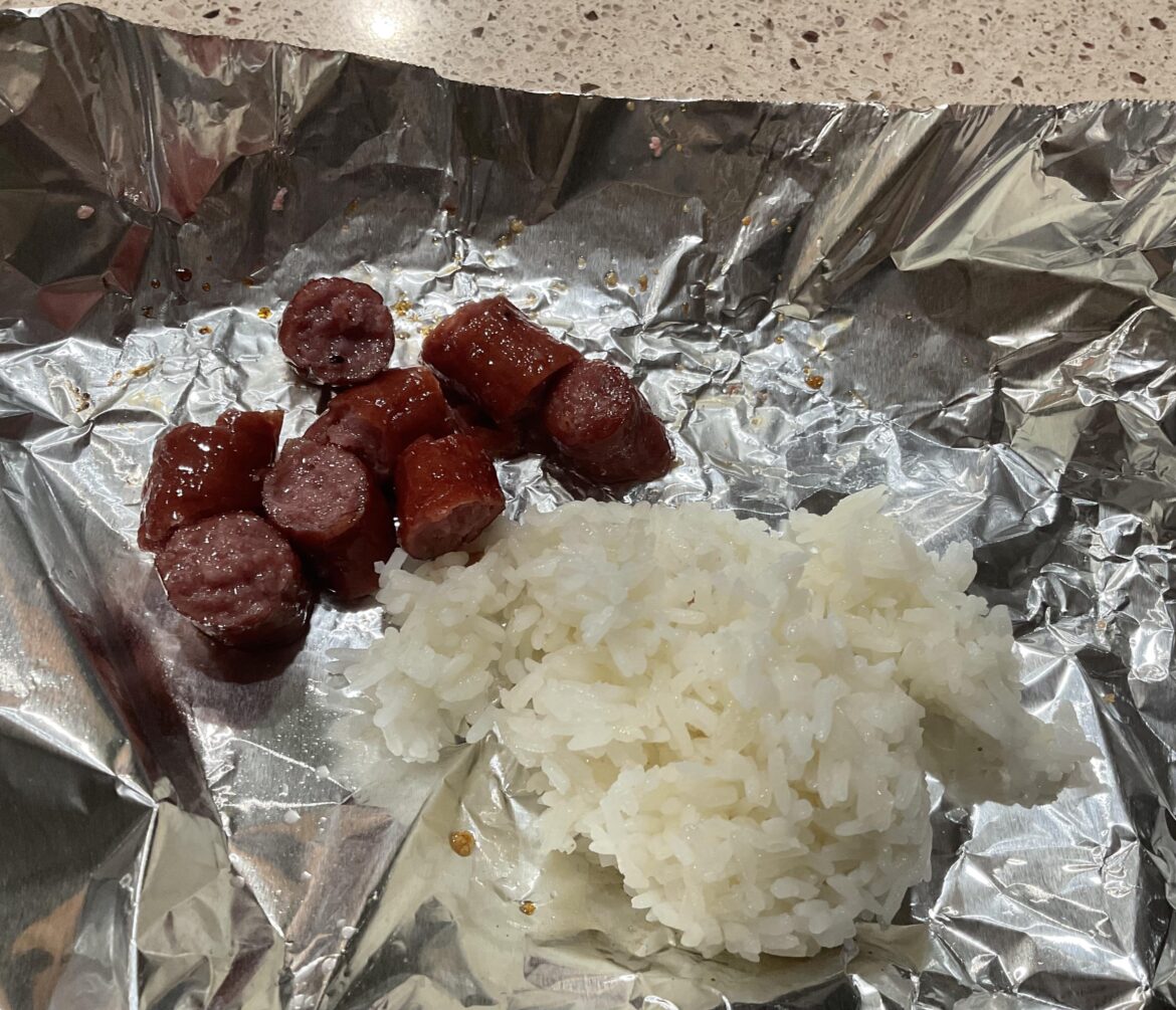 hot dog and leftover rice