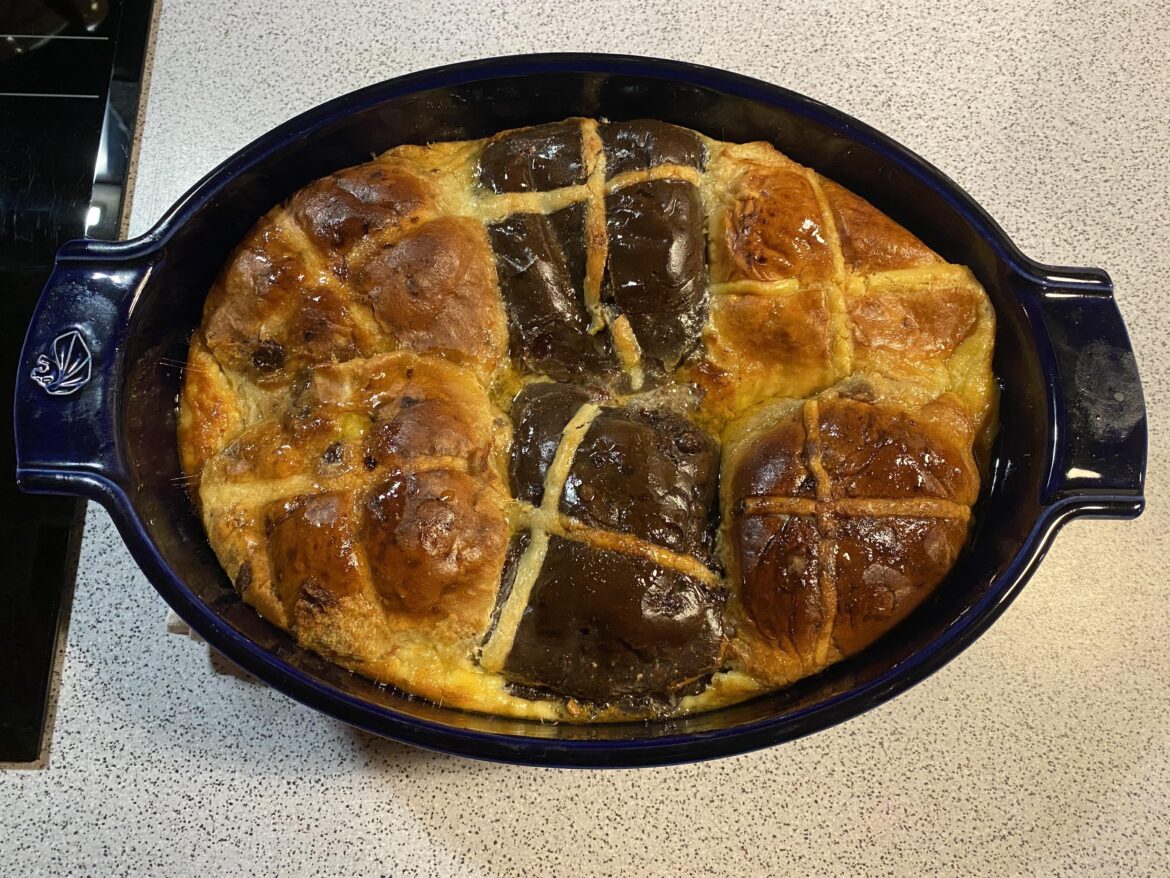 Hot cross bun bread and butter pudding