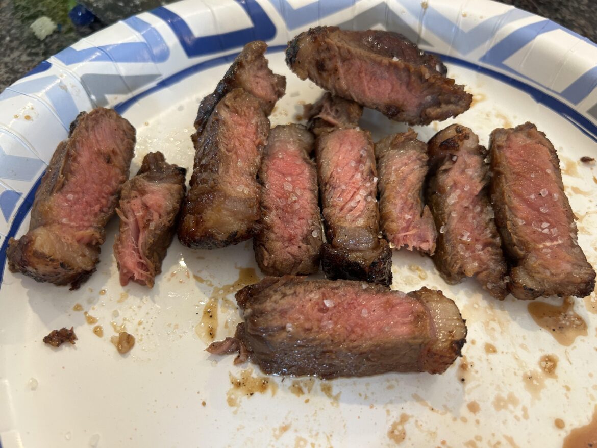 Ribeye cooked to medium. Seasoned with salt and pepper and seared for 3 minutes per side.