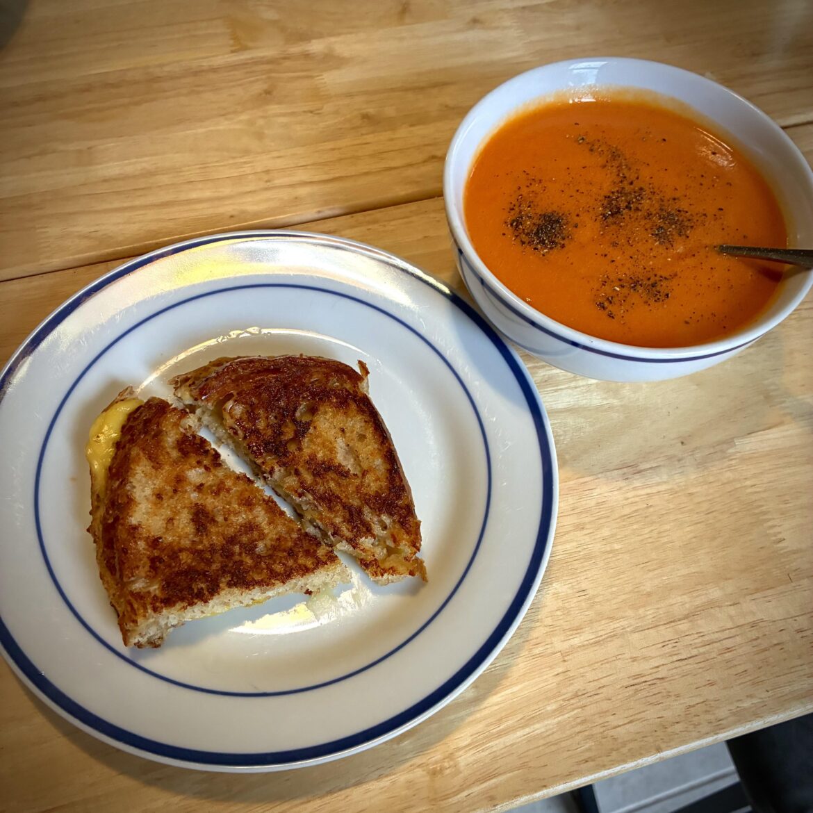 homemade tomato soup and vegan grilled cheese