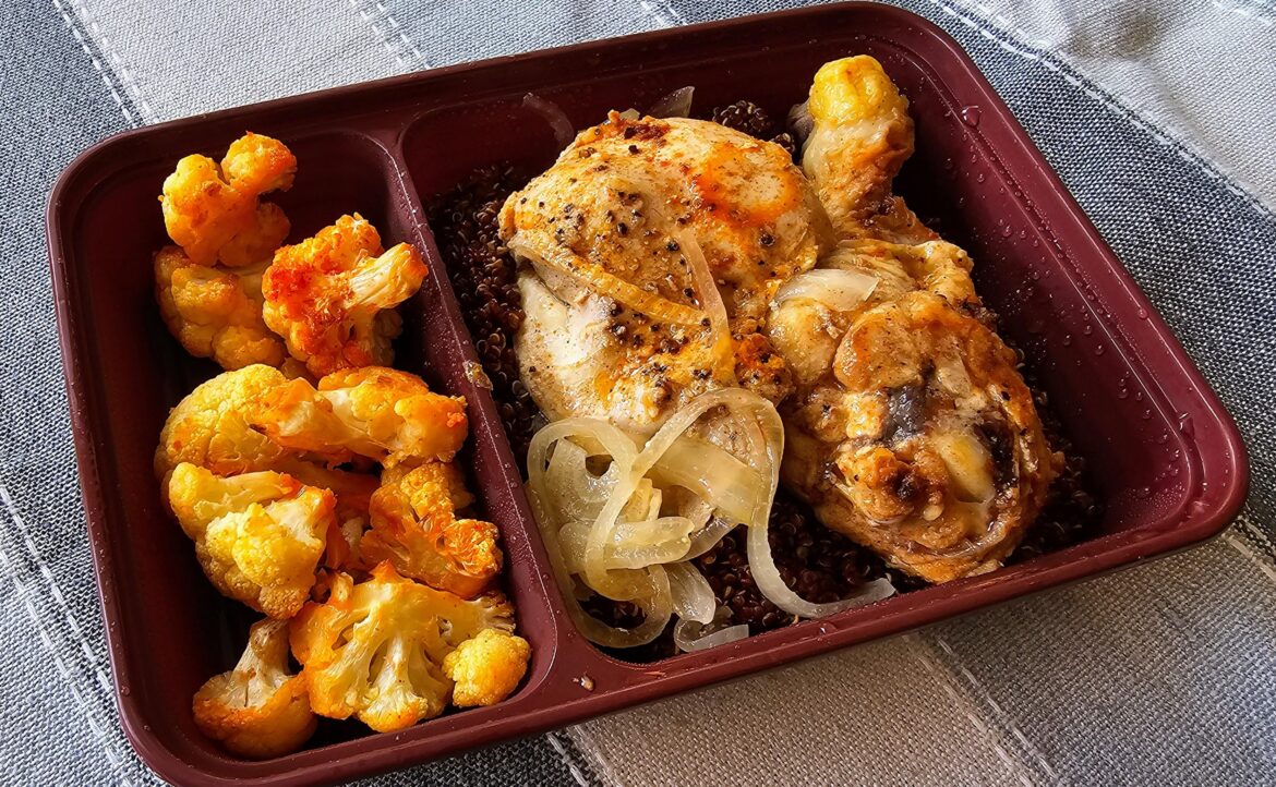 I made 8 of these--roast chicken on a bed of red quinoa and spiced cauliflower.