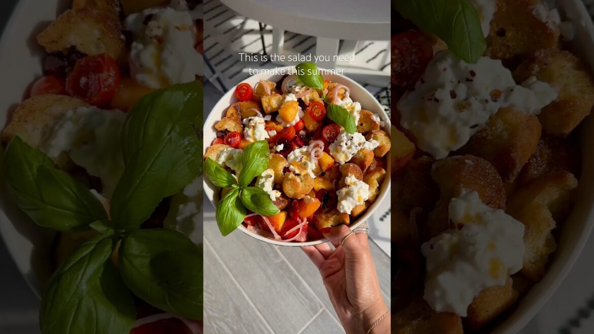 Summer panzanella salad! Prepared to be obsessed! #summerrecipes #peaches #cherries #easyrecipe