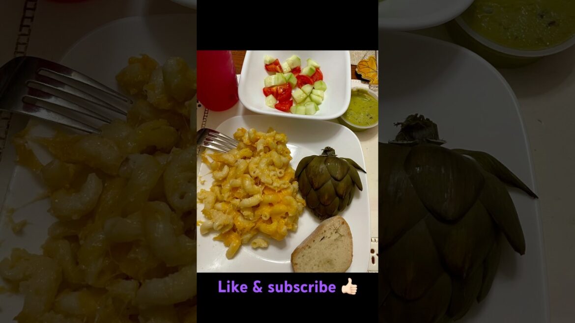 Saturday dinner: Costco mac & cheese, with artichoke, tomatoes, and cucumbers.