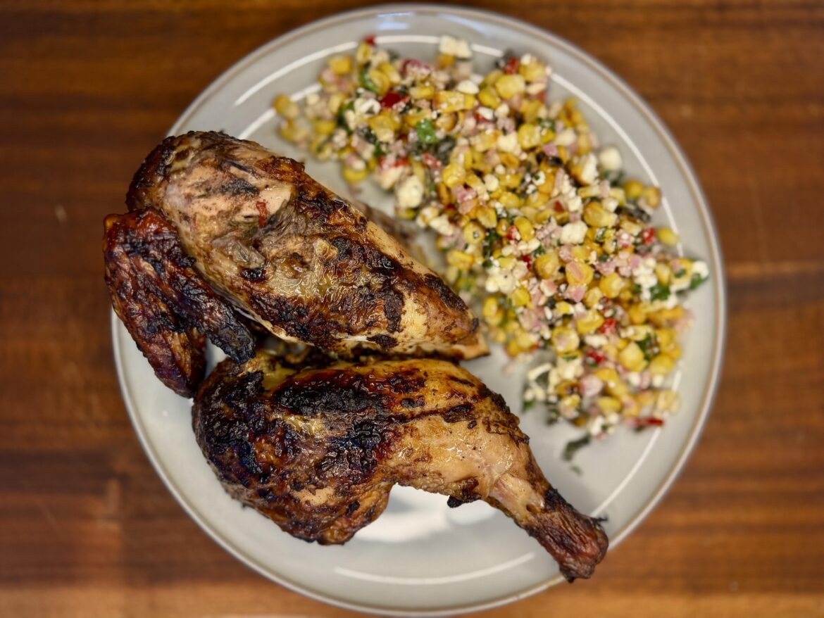 BBQd Jerk Chicken with Charred Corn, Feta and Red Chilli Salad [OC]