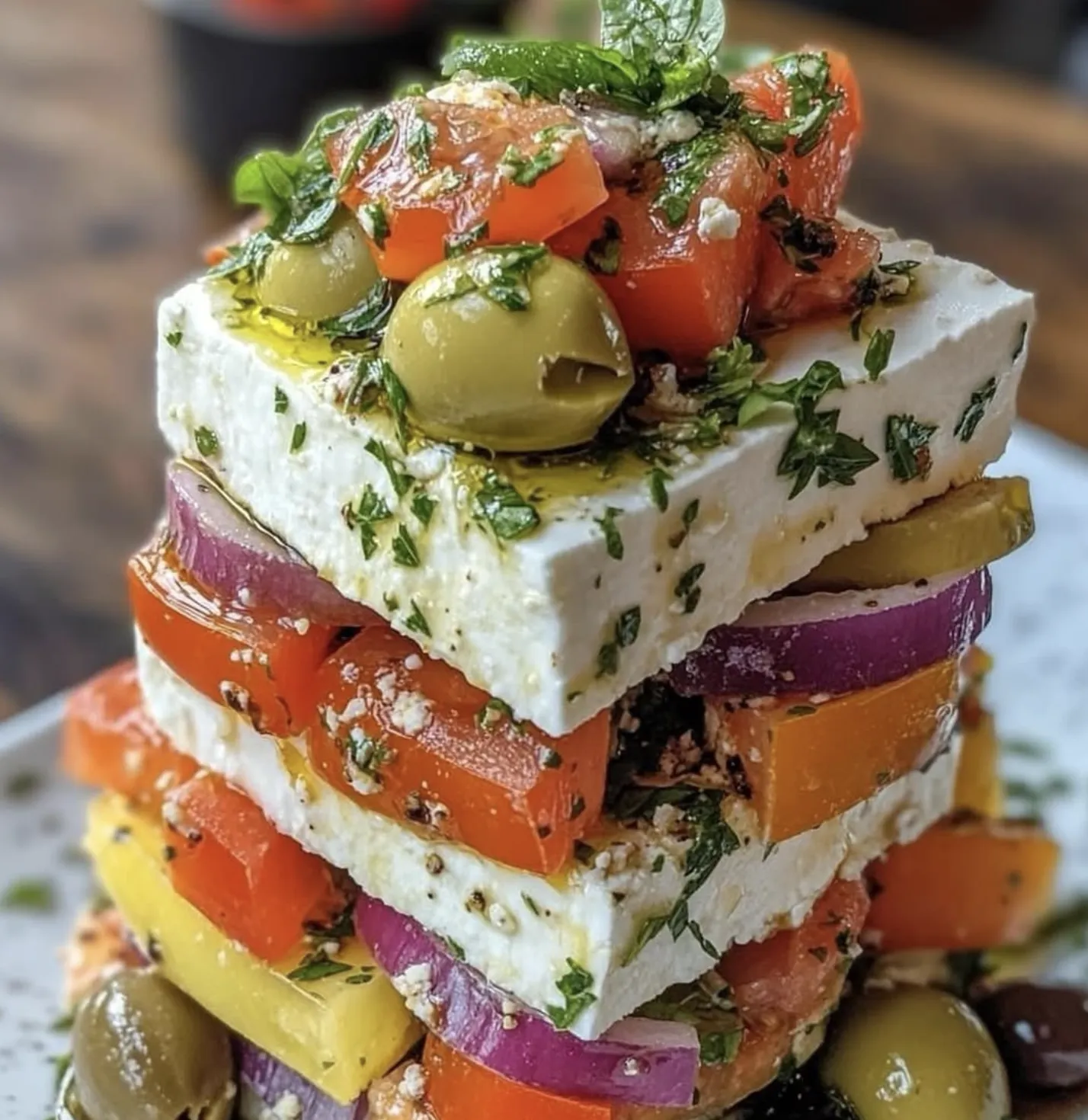 A stacked dish of olives, tomatoes and onions