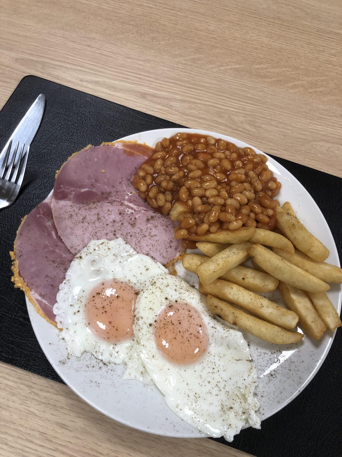 Ham,egg and chips for breakfast.